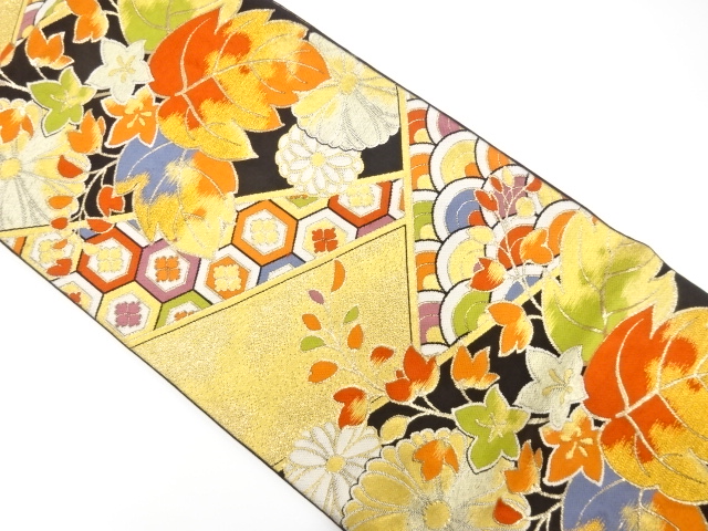 JAPANESE KIMONO / ANTIQUE FUKURO OBI / SILK / WOVEN KIKU & PAULOWNIA